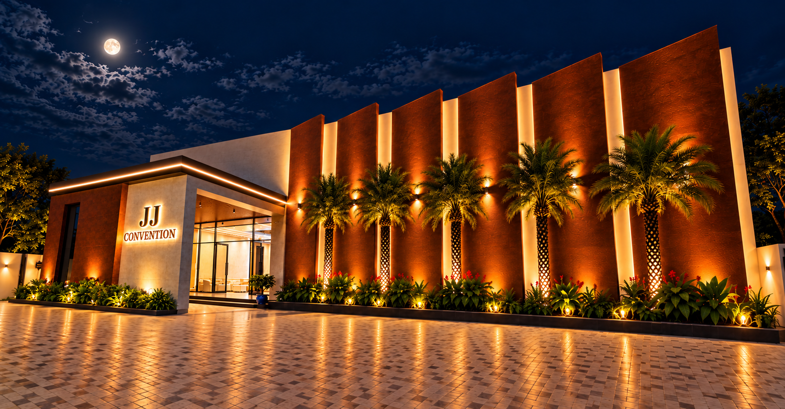 JJ Convention illuminated at night beneath a moonlit sky.